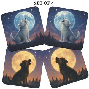 Mystical Pets: Husky & Puppy Dog Moon Howl - Neoprene Rubber 4" Coaster Set of 4